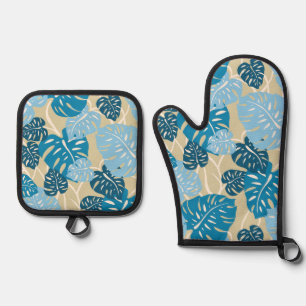 Cliff Hanger Hawaiian Monstera Leaf Denim Blues Oven Mitt & Pot Holder Set