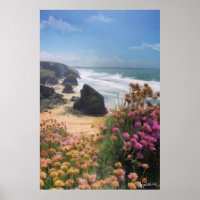 Cliff top view of beach with flowers,
