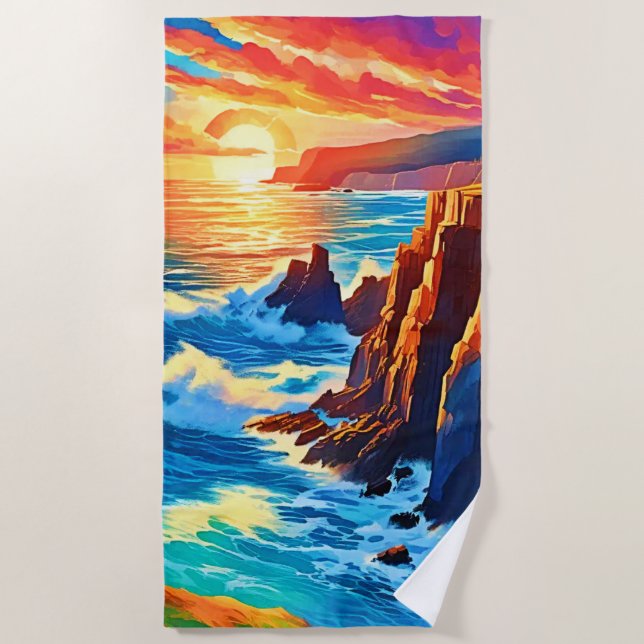 Cliffs at Sunset: Ocean's Golden Hour Beach Towel (Front)