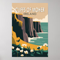 Cliffs of Moher Ireland Floral Travel Art Vintage