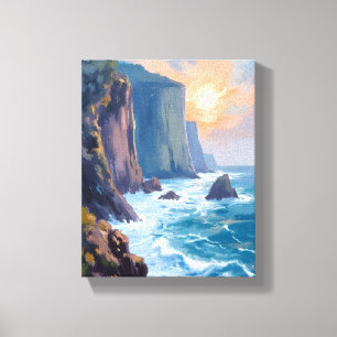Cliffside Cove Coastal Ocean Watercolor Painting Canvas Print