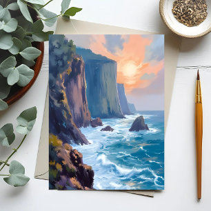 Cliffside Cove Coastal Ocean Watercolor Painting Postcard