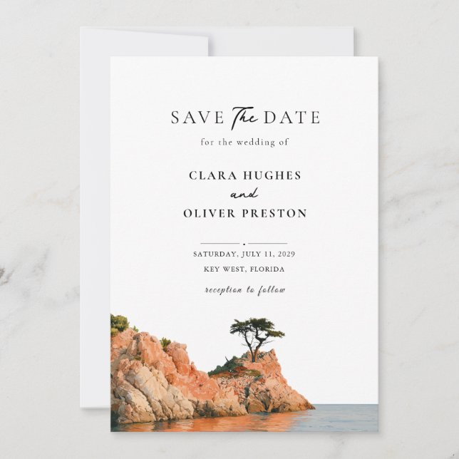 Cliffside Cypress Sunset Big Sur Coast Wedding Save The Date (Front)