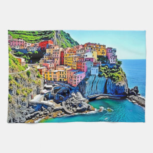 Cliffside Dreams: Manarola’s Colours Tea Towel