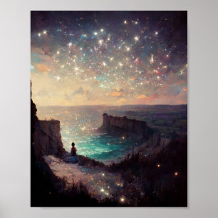 Cliffside Night Fantasy Landscape Sci-Fi Poster