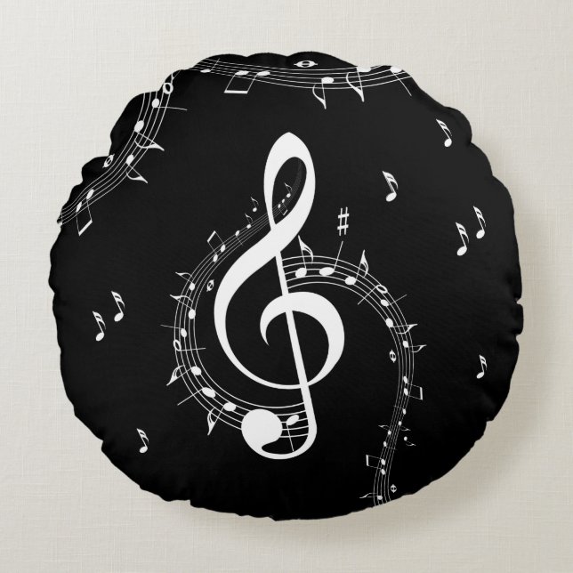 Climactic G Clef Music Black Round Cushion (Front)