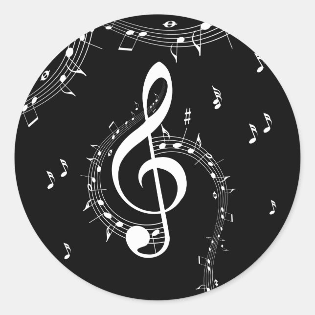 Climactic G Clef White Music on Black  Classic Round Sticker (Front)