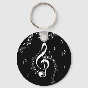 Climactic G Clef White Music on Black  Key Ring