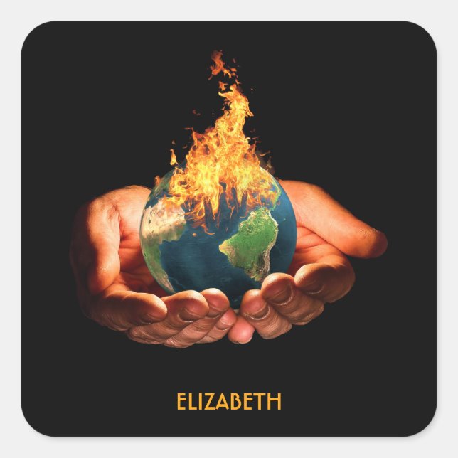 Climate Change Global Warming Earth In Fire Square Sticker (Front)