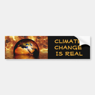 "Climate Change is Real' with Burning Earth. Bumper Sticker