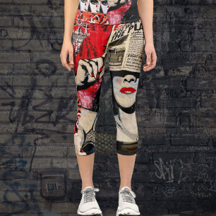 'Climate change' red & black grunge capri leggings