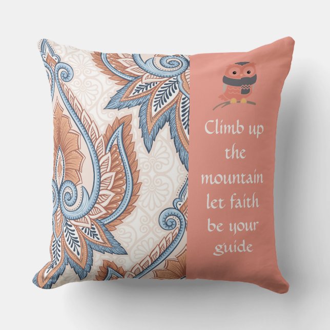 Climb the Mountain Paisley Peach/Blue Pillow (Front)