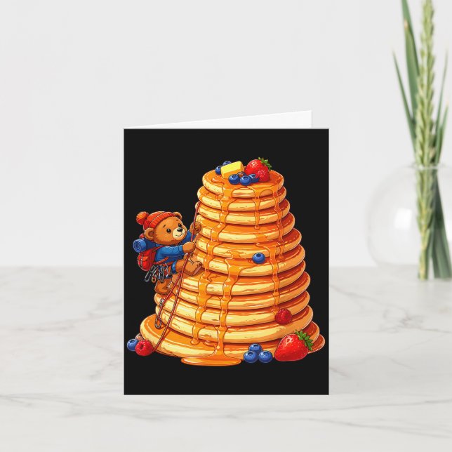 Climbing bear on giant pancake stack breakfast  card (Front)