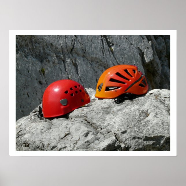 Climbing Helmets on Rocks Poster (Front)
