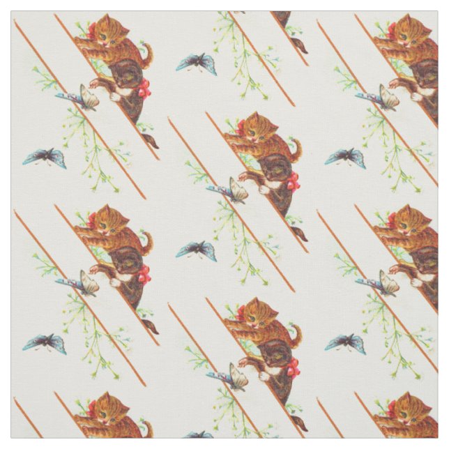 climbing kittens and butterflies print fabric (Swatch)