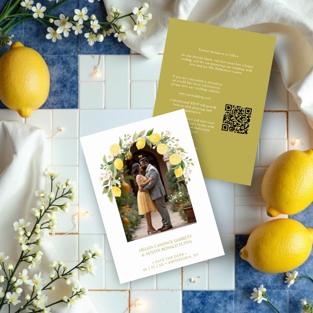 Climbing Lemon and Flowers Arch Photo Wedding Save The Date (Climbing Mediterranean Lemon and Floral Arch Wedding Save the Date Cards with Photo and QR Code. )