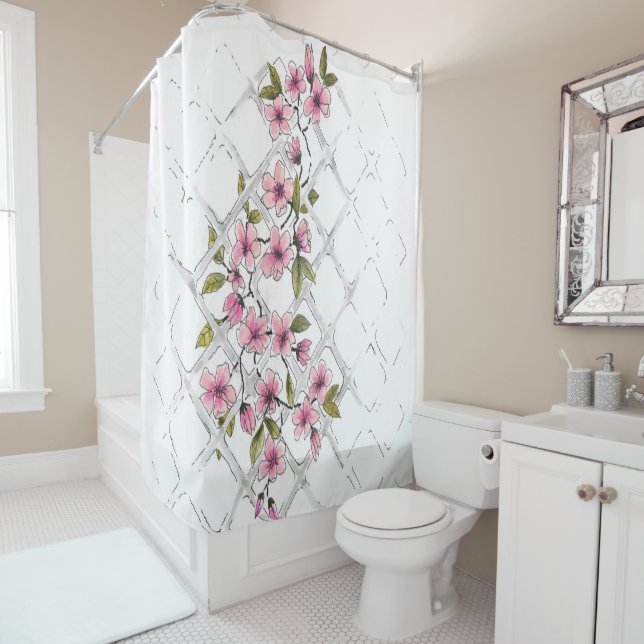 Climbing Pink Flower Shower Curtain (In Situ)