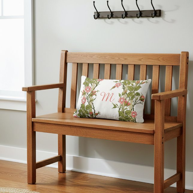 Climbing Pink Roses Trellis Monogram Lumbar Cushion (Creator Uploaded)