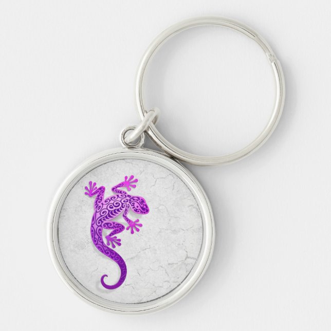 Climbing Purple Gecko on a White Wall Key Ring (Front)
