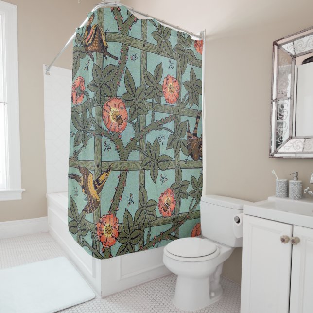 Climbing Rose & Small Bird, William Morris Shower Curtain (In Situ)