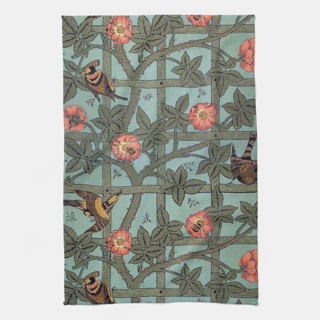 Climbing Rose & Small Bird, William Morris Tea Towel (Vertical)