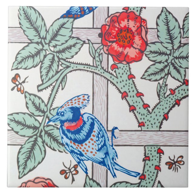 Climbing Rose & Small Bird, William Morris Tile (Front)