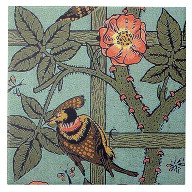 Climbing Rose & Small Bird, William Morris Tile (Front)