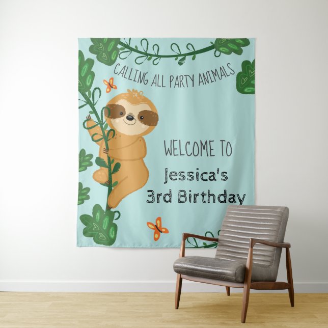 Climbing Sloth Jungle Birthday Party Tapestry (In Situ)