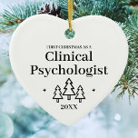 Clinical Psychologist Heart Christmas Ornament<br><div class="desc">First Christmas as a clinical psychologist heart ornament for a coworker,  friend,  or family member. Elegant porcelain ceramic holiday ornaments in white with black lettering. Featuring Christmas trees and stars.</div>