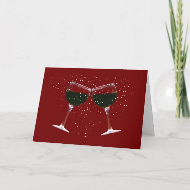 Clinking Red Wine Glasses in the Snow Holiday Card (Front)
