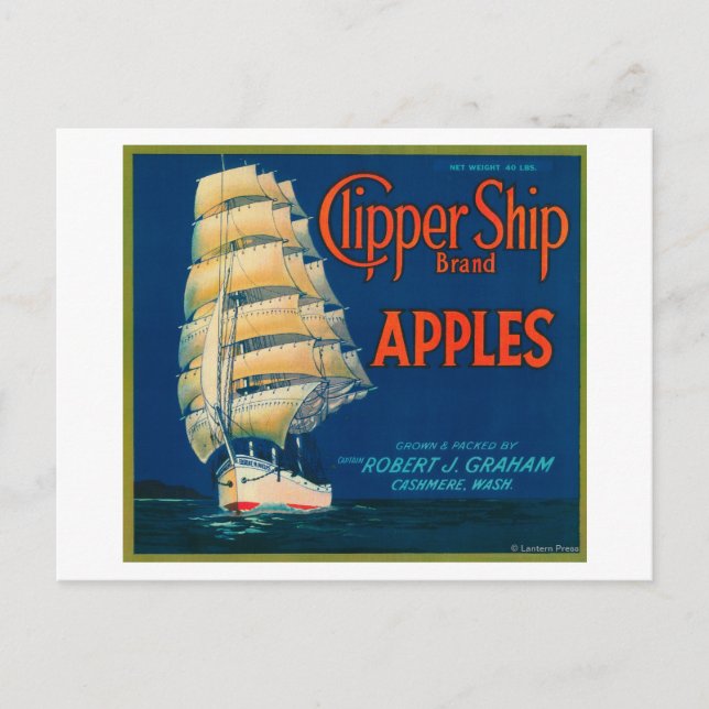 Clipper Ship Apple Label (green) - Cashmere, WA Postcard (Front)