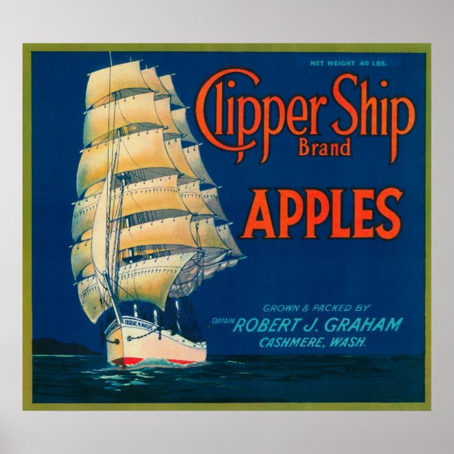 Clipper Ship Apple Label (green) - Cashmere, WA Poster (Front)