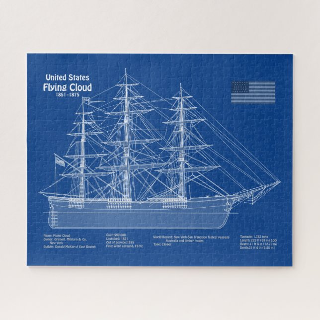 Clipper Ship Flying Cloud - Blueprint ABD Jigsaw Puzzle (Horizontal)