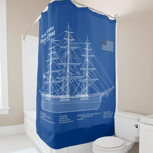 Clipper Ship Flying Cloud - Blueprint ABD Shower Curtain (Clipper Ship Flying Cloud - Blueprint ABD. Shower Curtain)