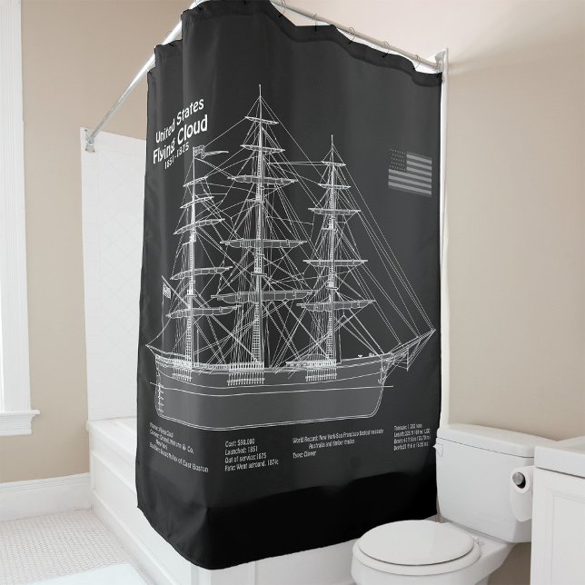 Clipper Ship Flying Cloud - Blueprint PD Shower Curtain (Clipper Ship Flying Cloud - Blueprint PD. Shower Curtain)