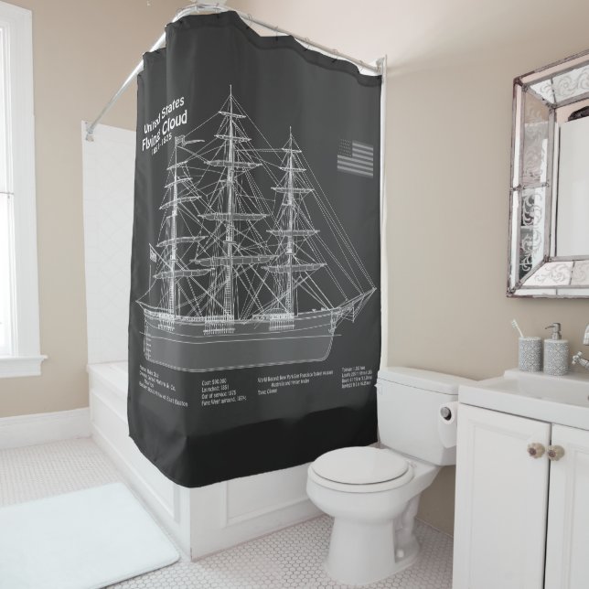 Clipper Ship Flying Cloud - Blueprint PD Shower Curtain (In Situ)