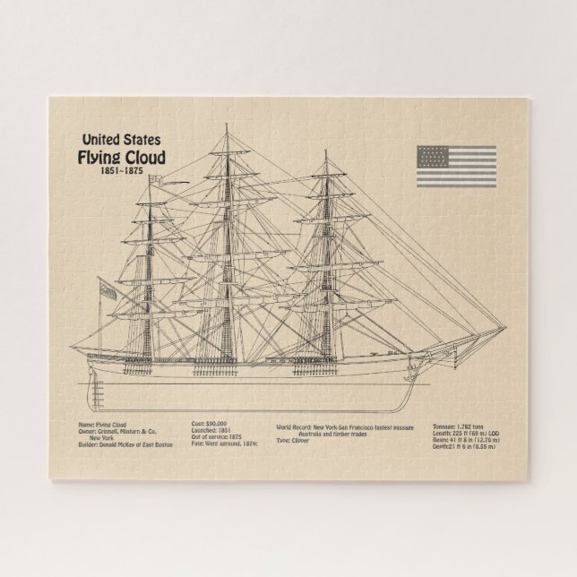 Clipper Ship Flying Cloud - Ship Blueprint SD Jigsaw Puzzle (Horizontal)