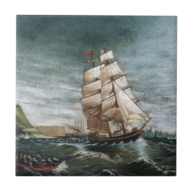 Clipper Ship in New York Harbour 1890 Tile (Front)