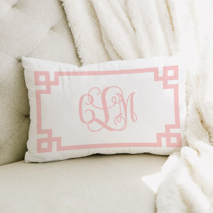 CLM Light Pink Greek Key Script Monogram Lumbar Cushion