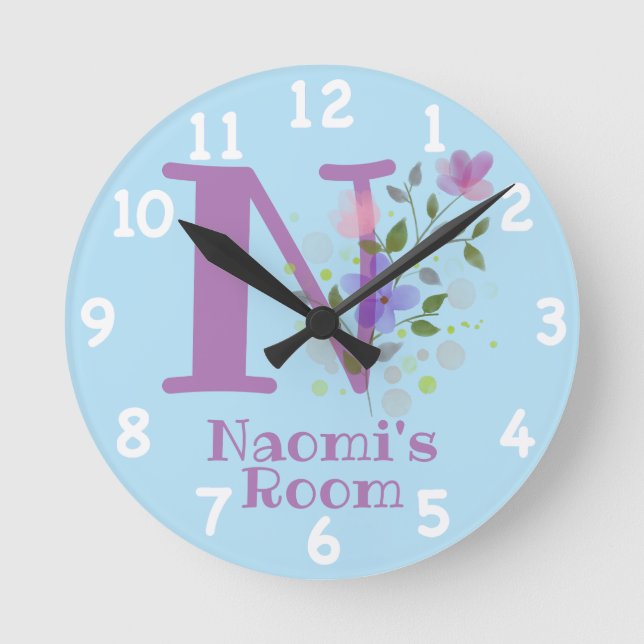 Clock in a Floral Design with Name & Initial (Front)