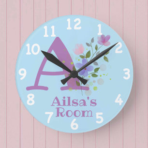 Clock in a Floral Design with Name & Initial