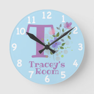 Clock in Floral Design with Name Tracey & Initial