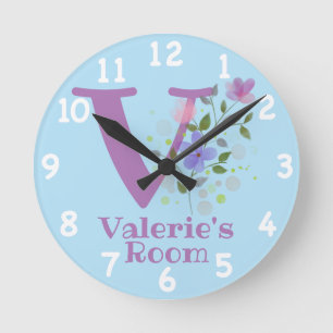 Clock in Floral Design with Name Valerie & Initial