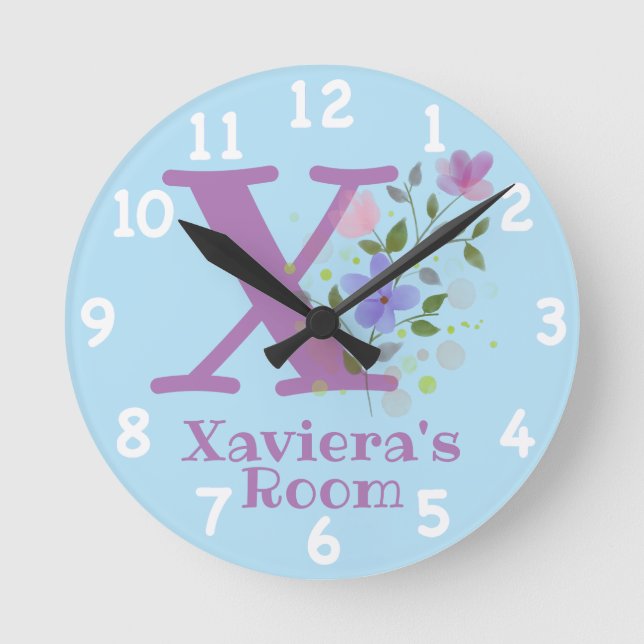 Clock in Floral Design with Name Xaviera & Initial (Front)