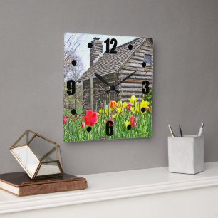 CLOCK/ "OLD LOG CABIN AND TULIPS" SQUARE WALL CLOCK