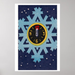 Clock on Snowflake Matchbox Art Print, Russian Poster