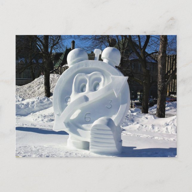 Clock Snow Sculpture, Quebec, Canada Postcard (Front)