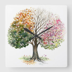 CLOCK SQ W/ 4 SEASON TREE WATERCOLOR ART