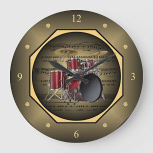 Clock-tagon ~ Drum Set  ~ Sheet Music ~ Tuscan ~ Large Clock
