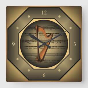 Clock-tagon ~ Harp ~ Sheet Music ~ Square Wall Clock